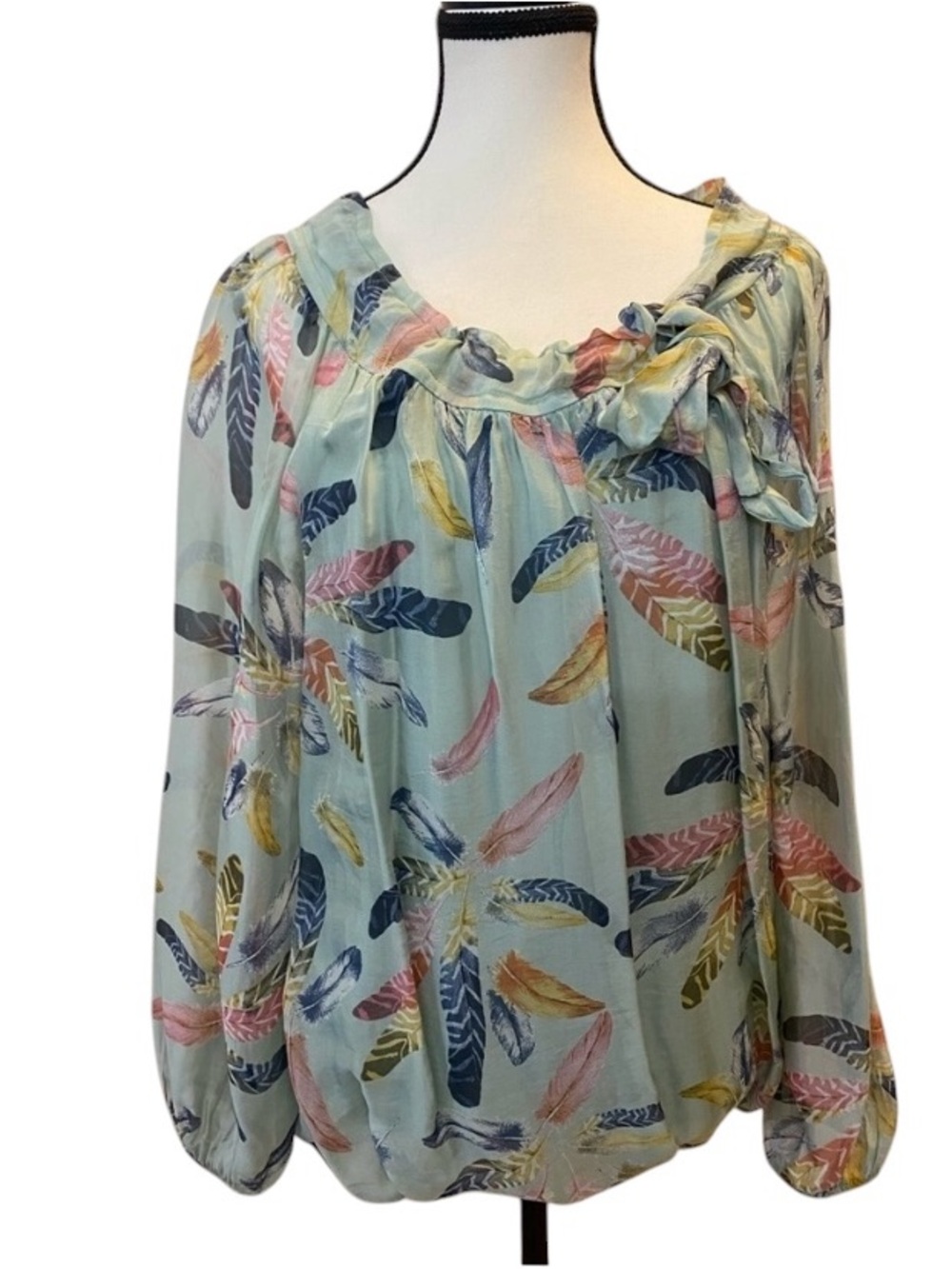 Sage green peasant blouse with feather design Size L/XL romantic boho oversized